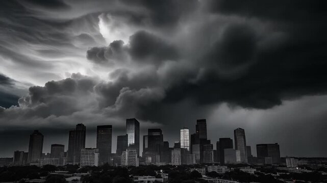 Wide Dramatic Shot of City Skyline Under Approaching Storm System with Dark Towering Clouds Building