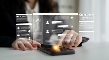 A close-up view of a professional using a touchscreen device enhanced with AI technology, showcasing modern communication solutions and innovative interface design in a busy workspace. Ledger