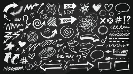 Naklejka premium Hand drawn doodle arrows, speech bubbles, hearts, and decorative elements on a black chalkboard background
