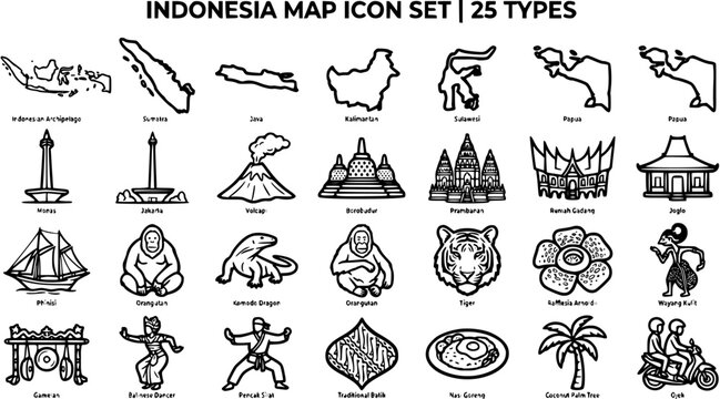 Indonesia Map Icon Set, 25 Types, Line Art, Travel, Culture, Geography, Landmarks