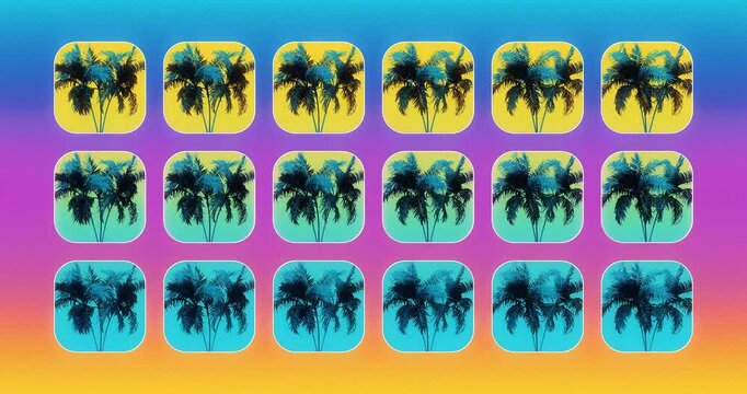 Synthwave palm tree pattern animation on neon gradient background, colorful seamless loop of retro miami style tropical trees, outrun and vaporwave motion graphic background