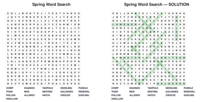 Spring word search puzzle worksheet. Hard seasonal vocabulary activity with answer key side by side. Educational printable for classroom teachers and homeschooling