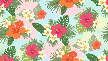 Vibrant tropical floral pattern featuring hibiscus and plumeria flowers with lush green palm leaves on a pastel abstract background. © budi