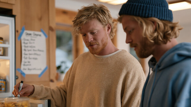 Two twenty-something roommates negotiate refrigerator shelf space in a shared house kitchen, one labeling containers with a marker, the other reviewing a chore schedule taped to the cabinet door, ov