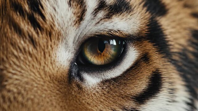 Captivating close view of a majestic tiger's piercing amber eye, showcasing intricate fur patterns and reflecting the wild spirit of this powerful jungle predator in its vibrant natural habitat