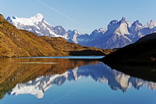 Reflection in mountain lake, Torres del Paine National Park, Patagonia, Chile, South America