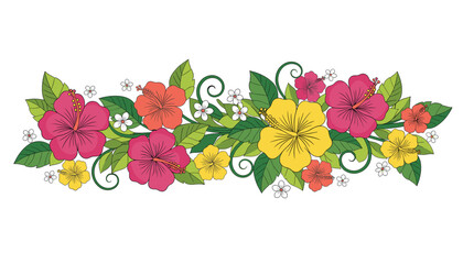 A vibrant border illustration of tropical hibiscus flowers in various colors, including pink, yellow, and orange, with green leaves and delicate white blossoms. © budi