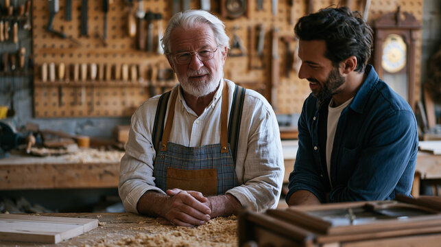 Retired father showing adult son vintage woodworking tools in garage workshop, pegboard wall behind them, sawdust on workbench, grandfather clock being restored on table, Fathers Day intergeneration