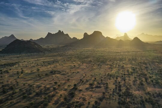 Aerial of beautiful mountain scenery, Sahel, Chad