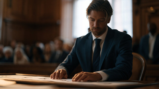 Prosecutor laying numbered evidence photographs across courtroom display board before packed gallery, serious legal proceeding, criminal trial preparation, evidence presentation strategy, district a