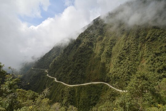 Death Road, meanders through subtropical rainforest, Camino de la Muerte, North Yungas Road between La Paz and Coroico, Bolivia