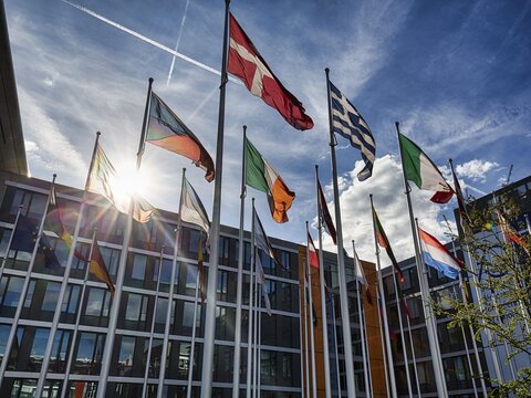 European Parliament, EU Parliament, Flags of European countries backlit, Konrad Adenauer Complex, Sunbeams, European Quarter Kirchberg Plateau, Luxembourg