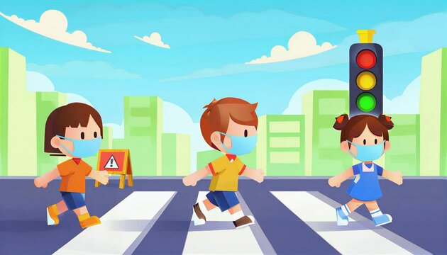 Children Wearing Masks Crossing Zebra Crossing