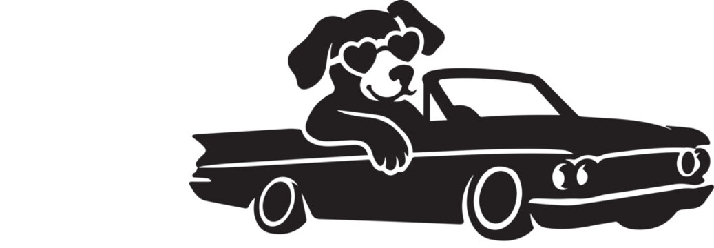 Cool dog wearing sunglasses driving a car silhouette, funny pet mascot vector