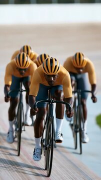 Team track cyclists in yellow jerseys racing on an indoor velodrome for sports banner background and high speed action composition