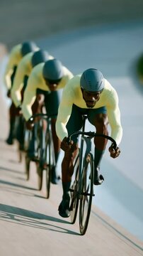Lead track cyclist in yellow kit powering a paceline on an indoor velodrome for sports wallpaper and high intensity training scene