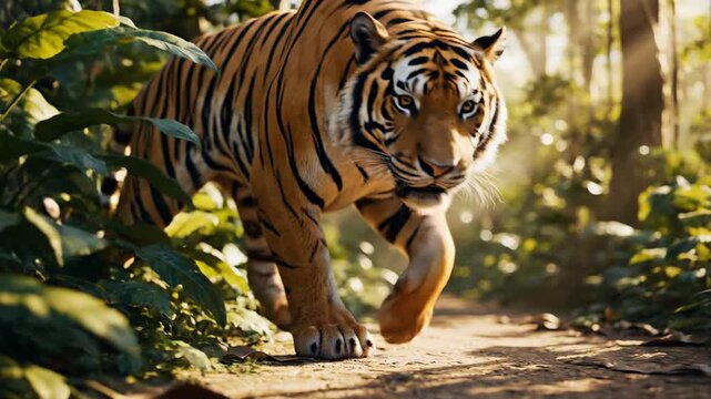 Majestic Bengal tiger prowling cautiously through a sun-dappled jungle path, its powerful physique and intense gaze captivating viewers with wild untamed beauty and the raw power of nature&rsquo;s