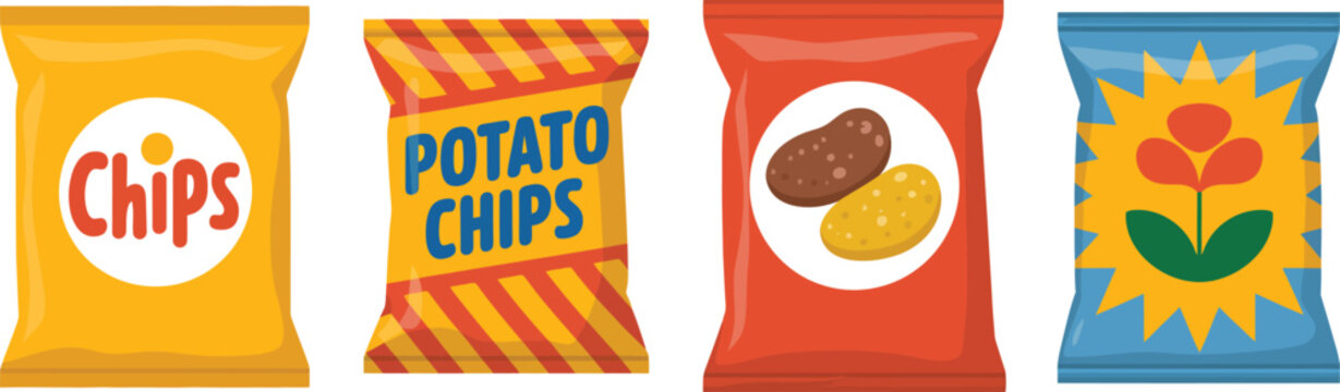 Potato chips vector set, cartoon snack variety with flavored chips and dipping sauces for food and snack design.