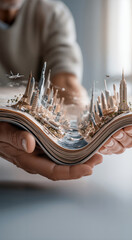 Fototapeta premium Travel adventure scene. Dynamic illustration of journeying through urban landscapes and skies above