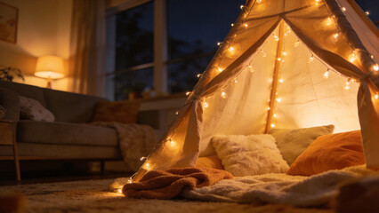 Fototapeta premium Tent indoor bedroom camping fun tipi sleep over childrens bedroom interior warm lighting.