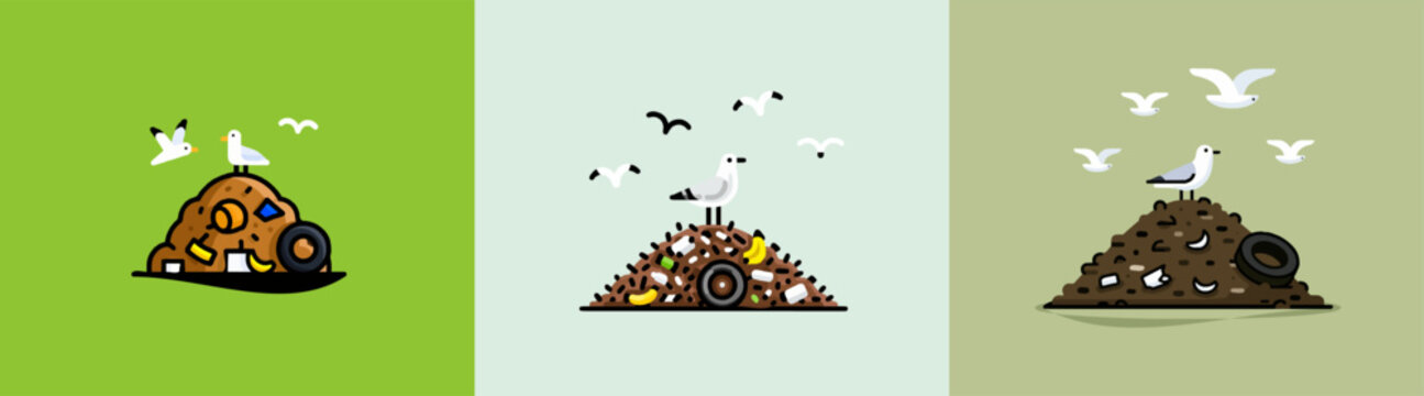 A minimalist landfill mound with seagulls flying above, featuring discarded items like a tire and banana peel in dull green, brown trash, white gulls, black outlines, and geometric shapes