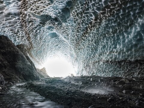Ice chapel with meltwater stream, ice field at the foot of the Watzmann east face, Berchtesgaden National Park, Watzmann, Sch&ouml;nau am K&ouml;nigssee, Upper Bavaria, Bavaria, Germany