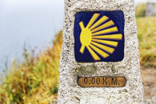 Zero kilometer marker showing the end of the Pilgrimage Camino of Finisterre, final point, Way of St. James, A Coru&ntilde;a Province, Galicia, Spain