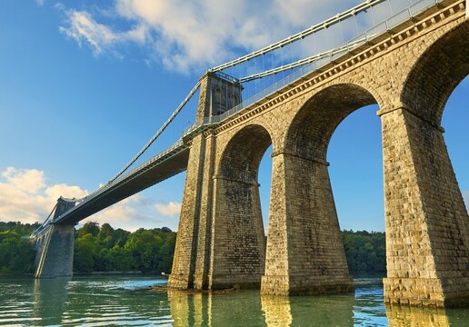Menai Suspension Bridge, completed in 1826, crossing the Menai Strait between the island of Anglesey and the mainland of Wales, United Kingdom