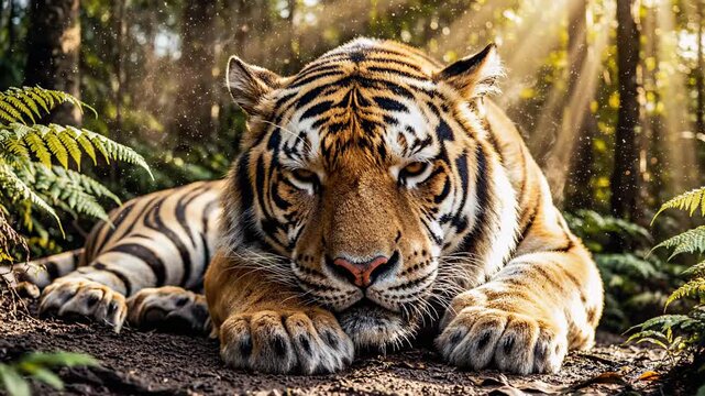 Majestic Bengal tiger resting peacefully amidst verdant foliage and dappled sunlight filtering through the dense canopy of its natural jungle habitat, showcasing its powerful physique