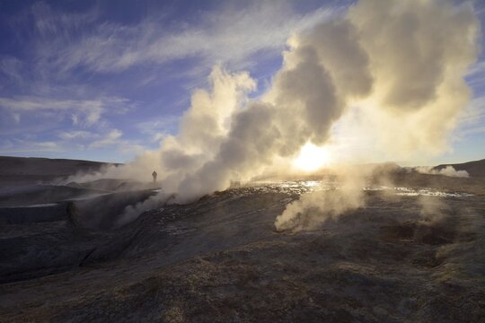 Geysers of the thermal field Sol de Ma&ntilde;ana during sunrise, Potosi, Bolivia