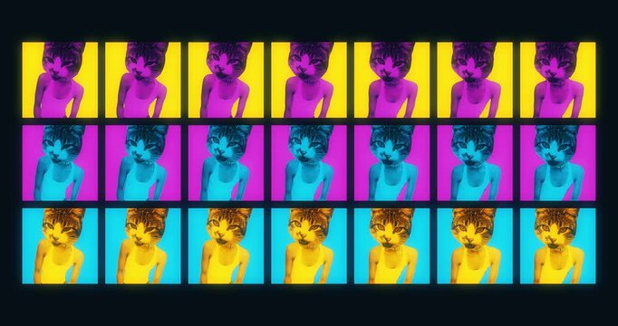 Pop art cat person pattern animation on grid background, colorful seamless loop of retro neon kitten head characters, vaporwave and funny meme style motion graphic background