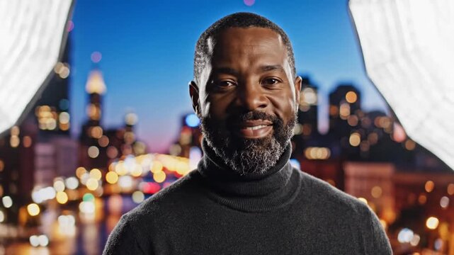 Man with gray beard in turtleneck against bokeh city lights