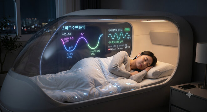 미래형 스마트 수면 캡슐 안에서 편안하게 잠든 사람과, 그 캡슐 표면에 은은한 조명으로 표시되는 수면 단계(REM 수면, 딥슬립) 및 뇌파 안정도 그래픽.