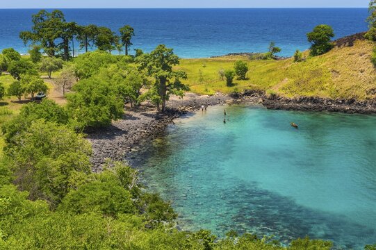 The turquoise waters of Lagoa Azul in northern Sao Tome, Sao Tome and Principe, Atlantic ocean