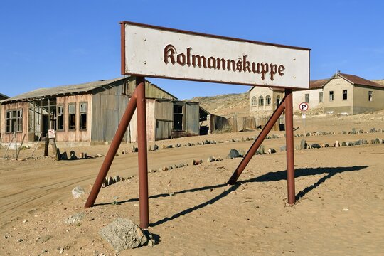 Name plate of the former diamond city Kolmanskop, ghost town, Kolmanskop, L&uuml;deritz, Namibia