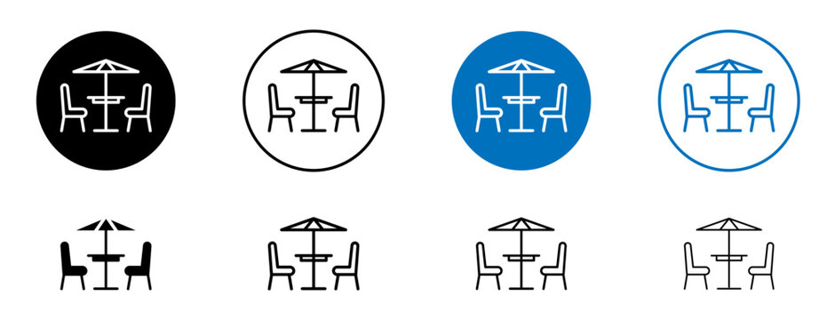 Terrace cafe icons set in black and blue colors on white background