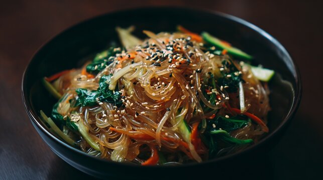 Korean food japchae glass noodle stir fry Korean cuisine vegetables sesame oil glossy noodles authentic dish top angle minimal style soft lighting
