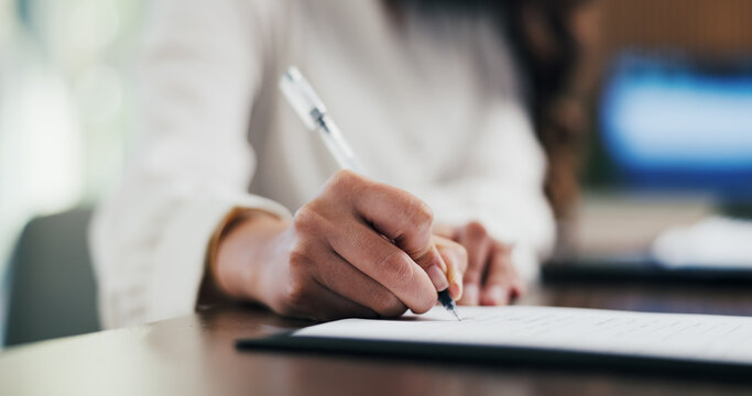 Woman, hands and lawyer writing with contract for legal agreement, signature or testimony in office. Female person, attorney or signing with paperwork, policy or form for private legislation or lease
