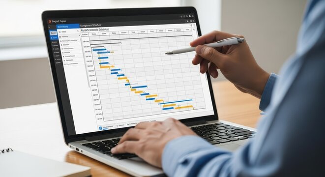 Project manager expertly analyzing Gantt chart on laptop screen, demonstrating detailed planning and workflow management.