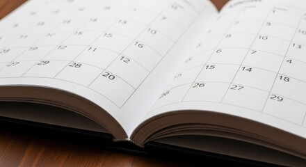 Naklejka premium Open calendar pages showing a monthly grid of dates for planning and scheduling, detailed close-up view