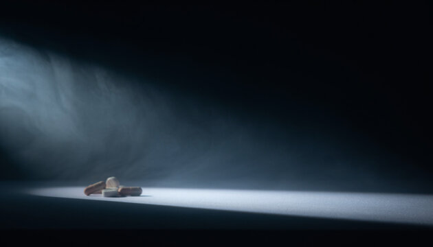 A powerful symbolic cinematic beam of light illuminates blurred pills, urging reflection on the grave challenges of addiction for International Day Against Drug Abuse and Illicit Trafficking
