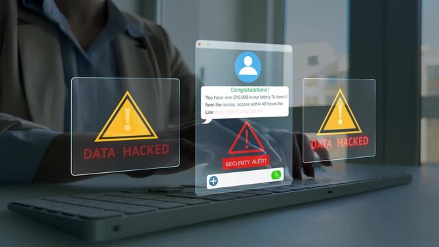 Financial scam concept showing bank card fraud,phishing and online payment risk. Security alert, data protection and identity theft warning in digital banking.	
