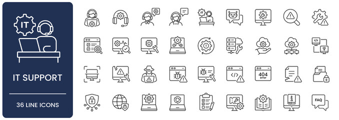 IT support icon set. Collection of customer service, technical troubleshooting, help desk and system maintenance line icon vector illustration with editable stroke. © Stock_Koom