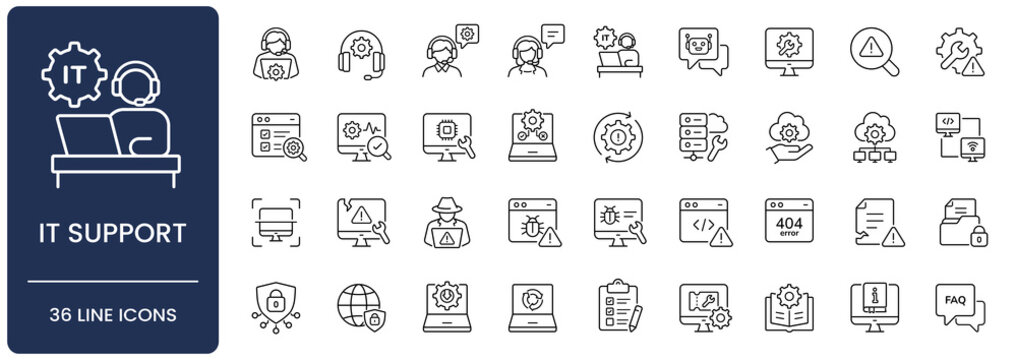 IT support icon set. Collection of customer service, technical troubleshooting, help desk and system maintenance line icon vector illustration with editable stroke.