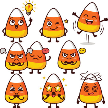 Candy corn cartoon character set, Halloween mascot collection, funny candy corn emoji stickers, sweet food vector illustration, autumn holiday icons, emotional candy corn poses, isolated candy corn