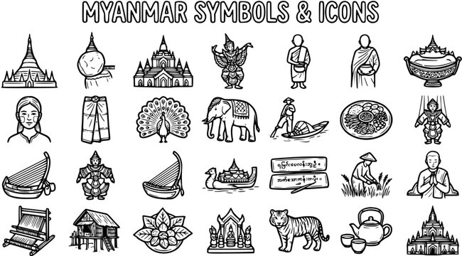 Myanmar Culture Symbols and Icons Black and White Line Art Illustration Set for Travel, Tradition, and Buddhist Heritage Design Elements