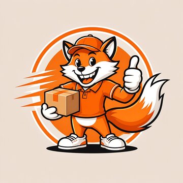 orange fox courier mascot carrying package with thumbs up service pose