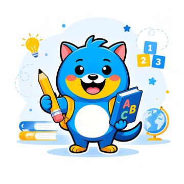 blue cat education mascot with pencil books letters classroom icons