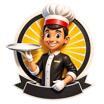 smiling boy chef holding serving tray in yellow restaurant badge