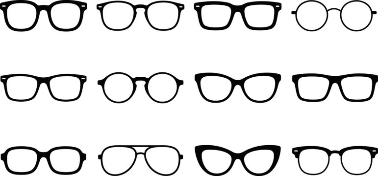 Set black spectacles. Eyeglasses and sunglasses collection vector illustration. Vintage, classic and modern style glasses rim silhouette. Stylish male and female optical accessories isolated.